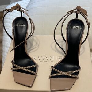 Alexandre Birman Rose Beige Strappy Heels with Crystal Accents